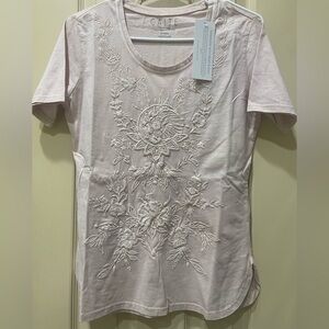 Caite & Kyla Seo embroidered petal pink kelo tee